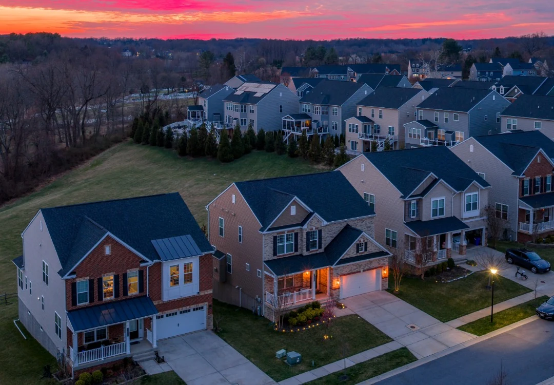 Aerial view of a Clarksville, Maryland homeowners association community at dusk